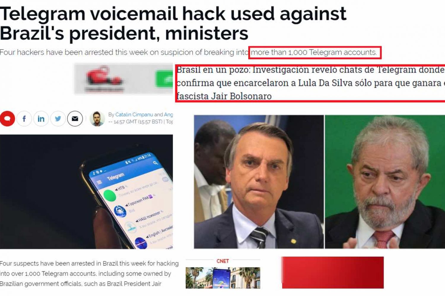 Noticia del hackeo a Jair Bolsonaro de Telegram